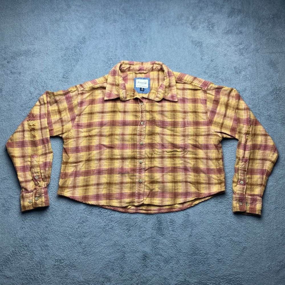 American Eagle Womens Small Flannel Shirt Yellow Burgundy Cropped Long Sleeve